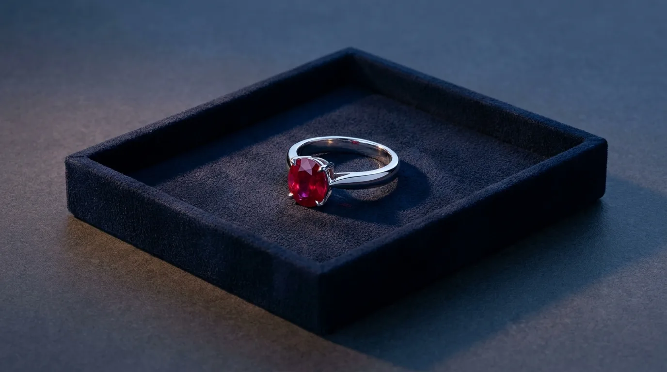 Bague en rubis serti sur or blanc présentée en gros plan